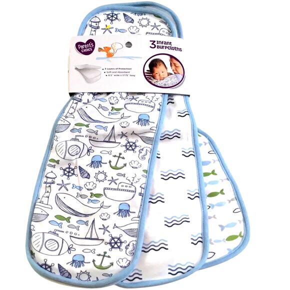 Parent's Choice Infant Burpcloths 3/PK Blue Nautical  NWT - Picture 1 of 4
